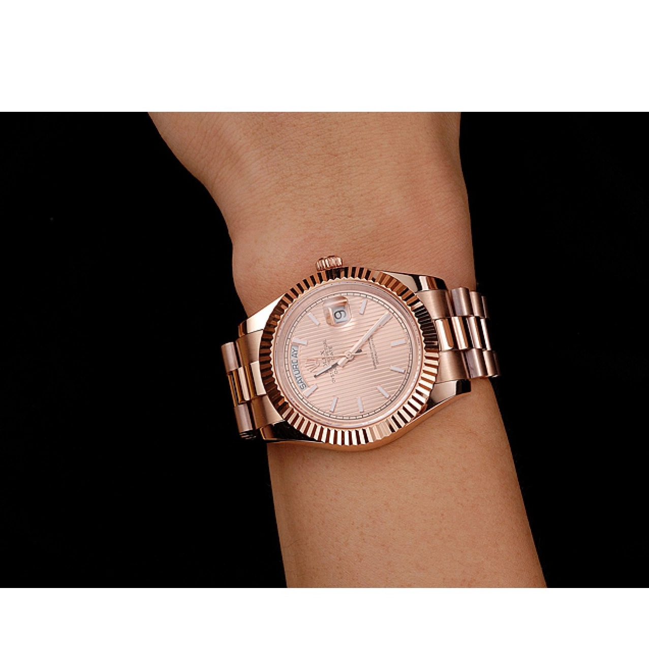 Best AAA Replica Sites Day Rolex Case Etched Gold Gold Rose Rose Date And Bracelet Swiss 40 Dial 0815